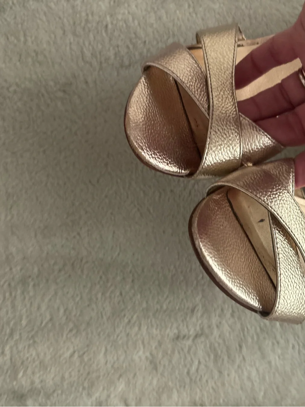 Nine West Metallic Rose Gold Crisscross Wedge Sandals